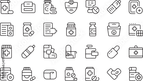 Online hospital prescription and medicine line art icon set. Editable vector illustration