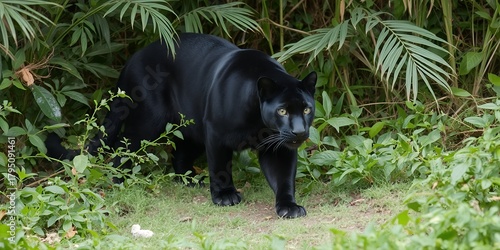 Sleek black panther predator stalks through dense green tropical jungle undergrowth powerful carnivorous animal hunting in wild habitat