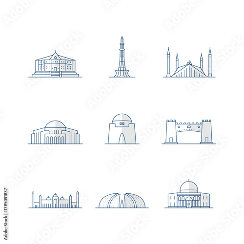Minimal line icon set featuring famous landmarks of Pakistan, including mosques, monuments, forts, and historic buildings. Perfect for travel guides, maps, branding, posters, and web design.