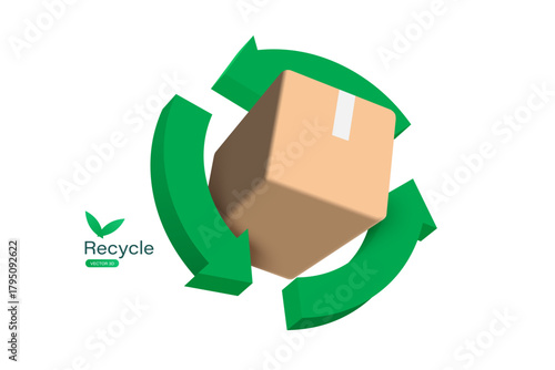 Green recycle logo or icon circle around a cardboard box or paper box to promote the Global Recycling Day waste separation campaign, vector 3d illustration isolated on white background for design