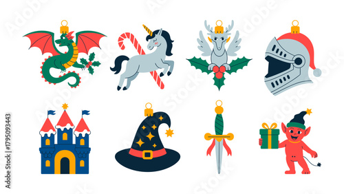 Fantasy Holiday Ornaments: A charming array of whimsical ornaments, each a miniature symbol of magic and festive cheer. Displaying a dragon, unicorn, Pegasus, knight helmet, castle, witch hat, sword.