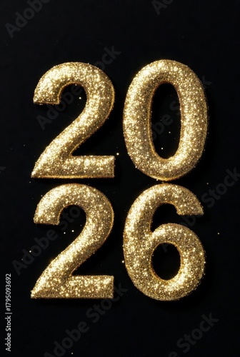 The inscription 2026 in gold sand, glitter, and rhinestones on a black background AI-Generated
