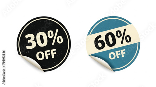 Realistic Circular Sticker Mockup Set – Peeling Edge 30% and 60% Off Sale Labels, Vintage Retro Discount Decals