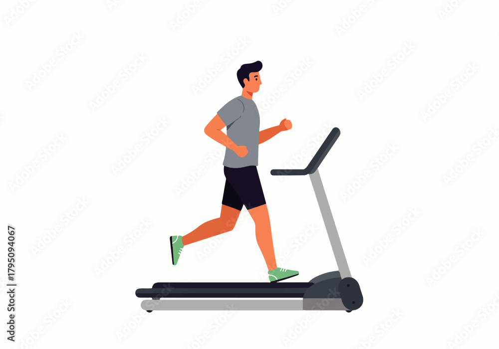 Fototapeta premium Man running on a treadmill, exercising indoors for fitness and health.