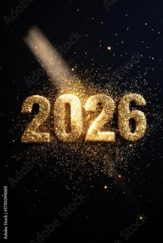 The inscription 2026 in gold sand, glitter, and rhinestones on a black background AI-Generated