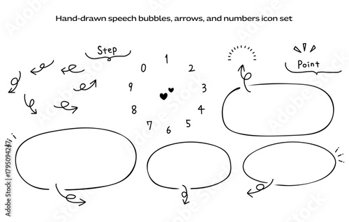 矢印付きの吹き出しと数字のシンプルな手描きアイコンセット