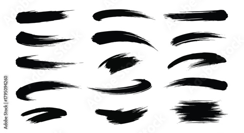 Set of Black Paint Brush Stroke Elements for Artistic Designs