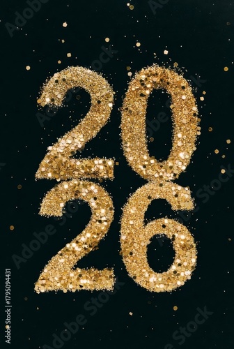 The inscription 2026 in gold sand, glitter, and rhinestones on a black background AI-Generated