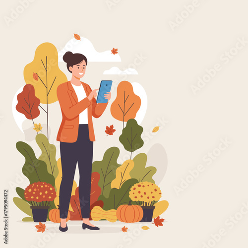 Professional woman checking her tablet among fall decorations and autumn leaves