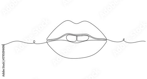 Continuous one line art female lips. Beauty lips continuous one line drawing. Lips one line art drawing vector illustration