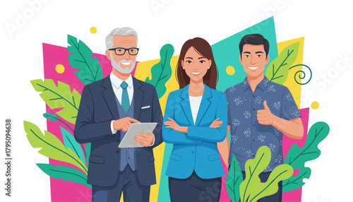 Diverse business professionals smiling in tropical setting symbolizing teamwork success and digital life