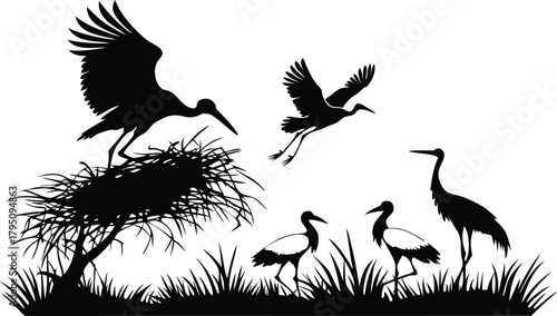 Elegant silhouette of storks in flight and nesting evokes nature's beauty, perfect for wildlife conservation and environmental awareness campaigns