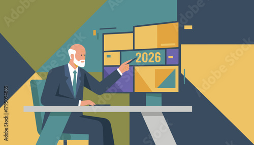 Senior manager planning the future pointing at a 2026 strategic data board