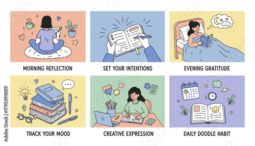 Illustration of daily selfcare and journaling habits reflection gratitude planning mood tracking and routine
