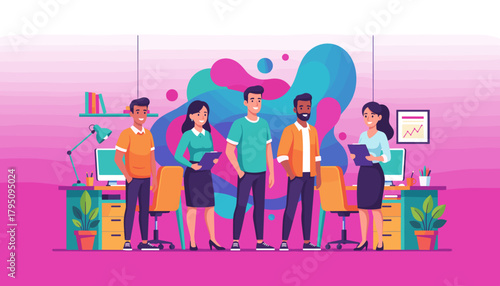 Diverse business team standing together in a vibrant modern office environment promoting collaboration