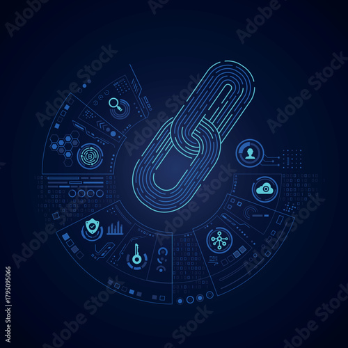 Cybernetic Chain Link Digital Technology Backdrop with HUD Elements Binary Code Information and Hi Tech Interface Vector Illustration 