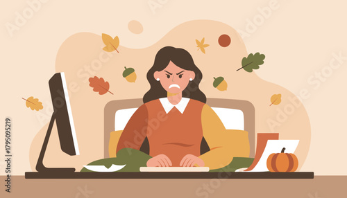 Stressed woman typing at her fall desk autumn work burnout pressure and seasonal deadlines concept