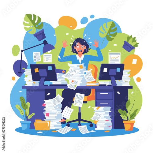 Stressed businesswoman overwhelmed by heavy workload and paperwork pile in the office Deadline pressure concept