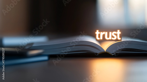 Trust illuminated above an open book, signifying knowledge and reliability. Soft lighting enhances the atmosphere, suggesting wisdom and depth of understanding, inviting exploration.