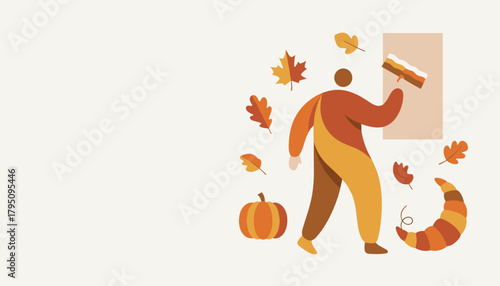 Minimalist autumn illustration figure painting among fall leaves pumpkin and harvest symbols