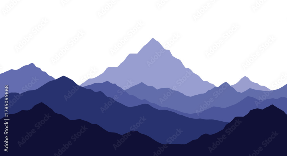 Naklejka premium Layered Mountain Range Landscape Silhouette in Blue Tones
