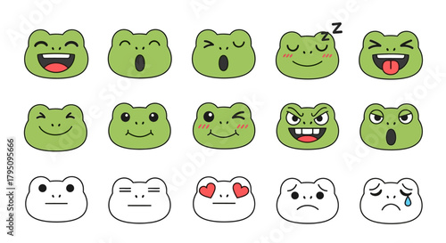 A collection of cartoon frog faces expressing various emotions and feelings.