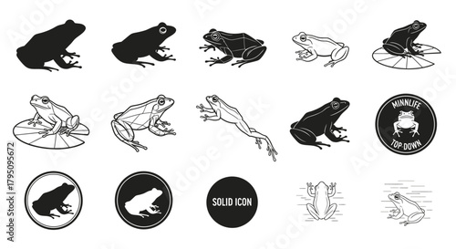 Collection of frog illustrations in various styles, including silhouette, line art, and geometric representations.