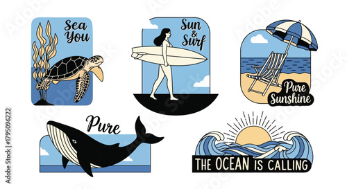 Beach Life Adventures Sea, Sun, and Surf Vector Illustrations