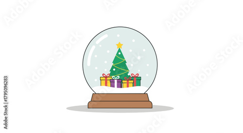 Delightful snow globe with Christmas tree and presents evokes holiday magic, perfect for seasonal greetings and festive promotions, originally designed as a vector