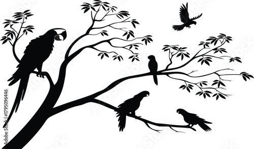 Stunning silhouette of exotic birds perched on a tropical tree branch, adding a touch of nature's elegance to any design project, originally vector art