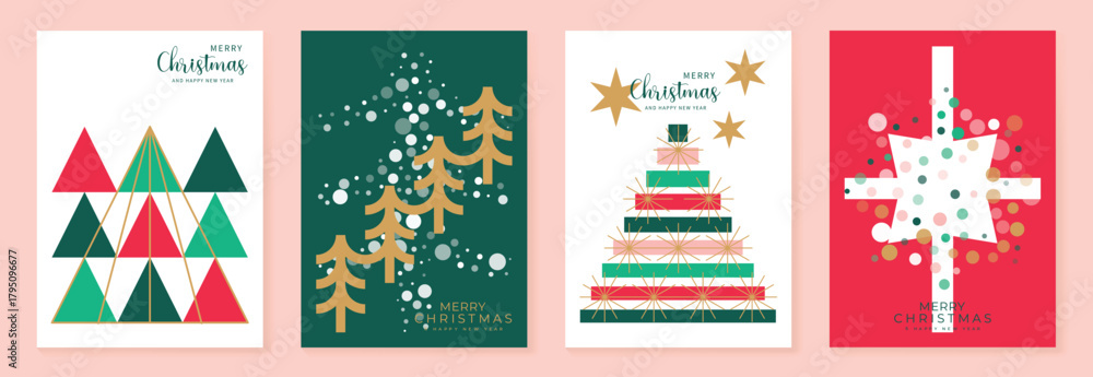 Naklejka premium Christmas vector background set with triangle trees, gold branches, ribbon tree and abstract snow shapes — modern festive design for cards, packaging and digital prints.