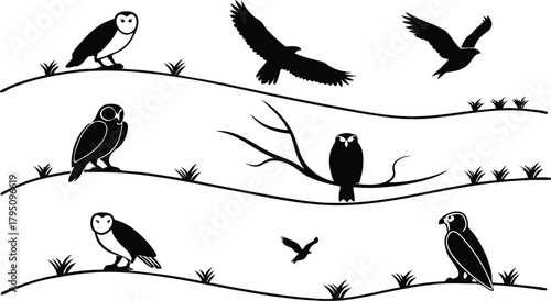 Elegant silhouettes of owls and eagles soaring and perched, a minimalist wildlife scene ideal for nature designs and conservation themes artwork