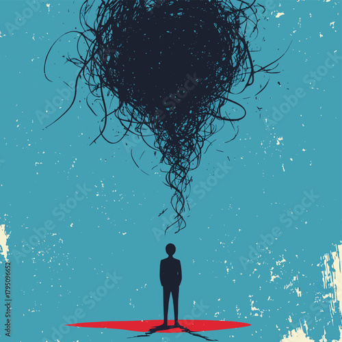 Solitary figure observes a complex, tangled mass representing abstract thought suspended above.   , vector style simple color