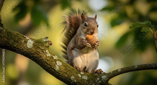 A squirrel holding a nut while sitting on a tree branch