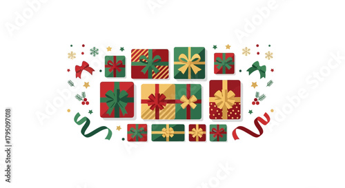 Festive array of colorful gift boxes with ribbons and stars, perfect for Christmas promotions and holiday marketing, conveying joy and celebration