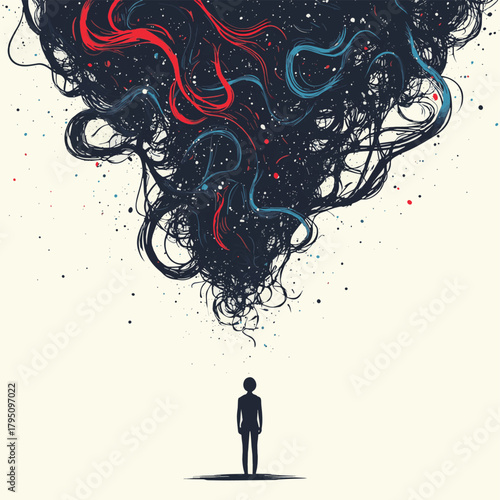 Solitary figure observes a complex, tangled mass representing abstract thought suspended above.   , vector style simple color