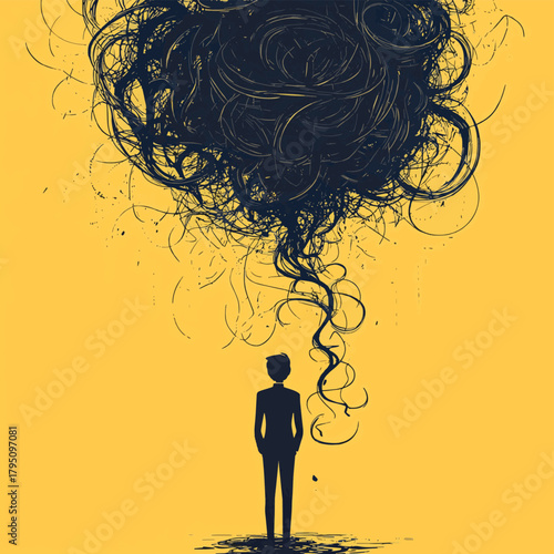 Solitary figure observes a complex, tangled mass representing abstract thought suspended above.   , vector style simple color