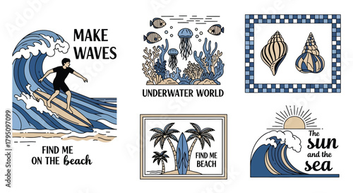 Collection of Summer Themed Marine Illustrations with Surfer, Seashells, Palms, Waves, Underwater Scene