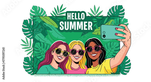 Hello Summer Diverse friends enjoying a selfie against a vibrant, leafy backdrop, perfect for seasonal greetings and social media