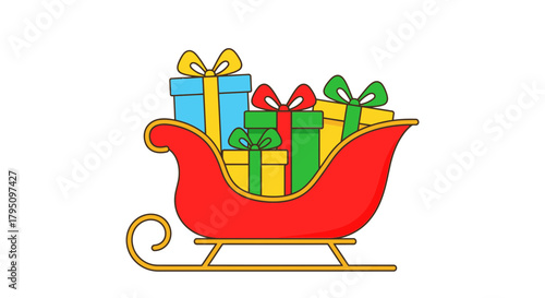 Festive sleigh overflowing with colorful gifts offers holiday cheer, perfect for greeting cards, invitations, and winter promotions with joyful vibes