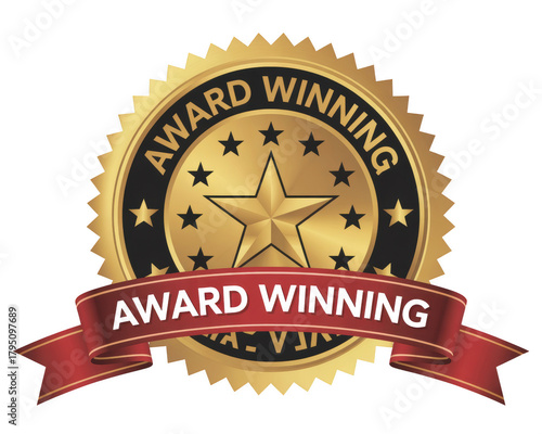 Award winning gold badge ribbon star quality achievement best product service excellence recognition seal on transparent background