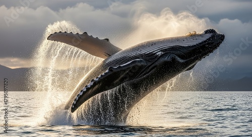 Fototapeta Naklejka Na Ścianę i Meble -  A humpback whale breaching the ocean surface with water splashing.