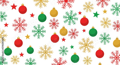 Festive Christmas pattern featuring vibrant ornaments, snowflakes, and stars, ideal for holiday-themed designs and joyful seasonal projects with vector design