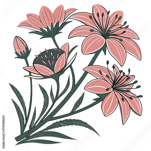 Stylized illustration of delicate pink flowers with dark green stems and leaves against a white background