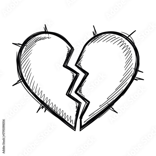 Vector illustration of a broken heart, symbolizing heartbreak, love, and relationship challenges. Sketch style, doodle. Isolated on a transparent background. Sketch style