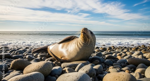 Fototapeta Naklejka Na Ścianę i Meble -  A playful seal lying on a rocky beach near the ocean.