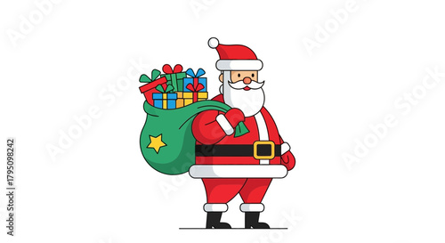 Joyful Santa Claus carrying a large sack overflowing with colorful Christmas gifts ready to spread holiday cheer