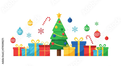 Festive Christmas tree surrounded by colorful gift boxes, ornaments, candy canes, and snowflakes creating a joyful holiday scene