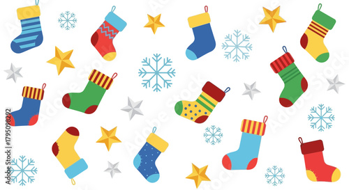 Vibrant Christmas stockings and festive stars create a joyful holiday pattern perfect for seasonal designs and festive celebrations