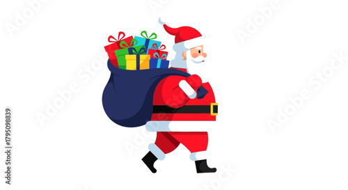 Jolly Santa Claus with sack full of colorful Christmas gifts walking to deliver holiday cheer and presents